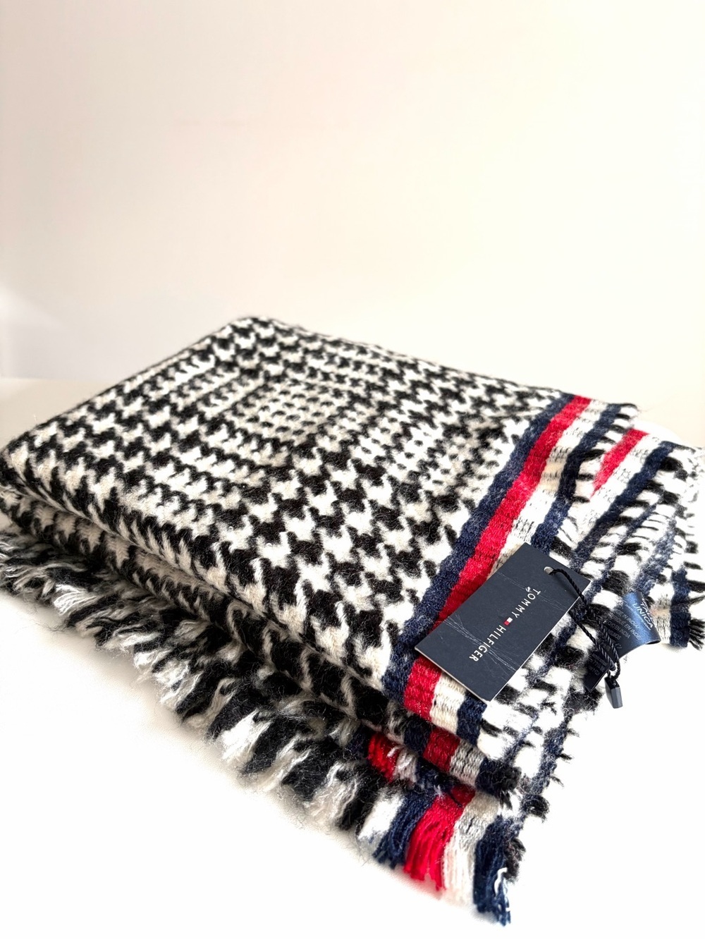 Tommy Hilfiger Black & White Houndstooth Scarf with Red and Navy Stripes